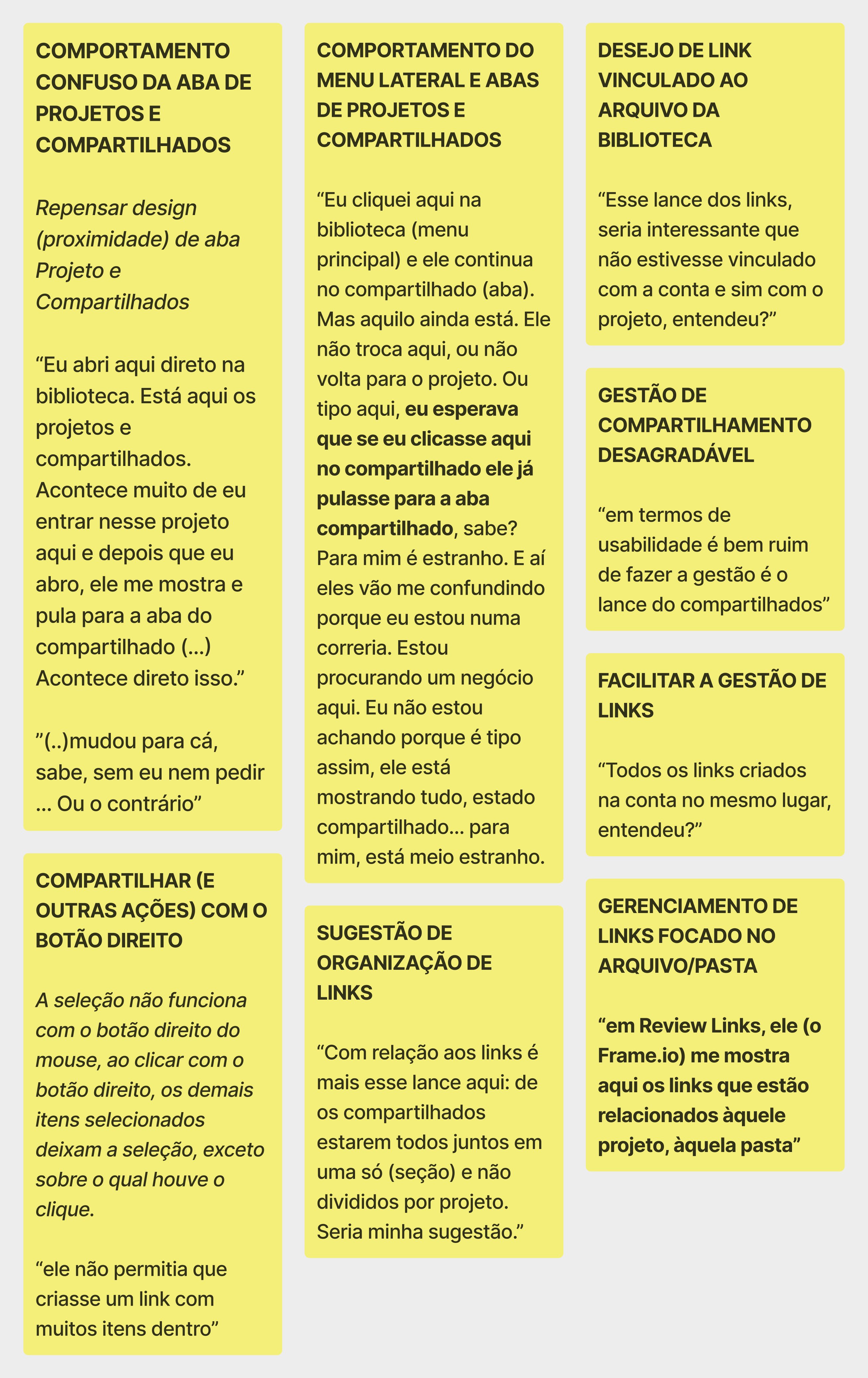 Síntese das entrevistas com usuários — dores mapeadas