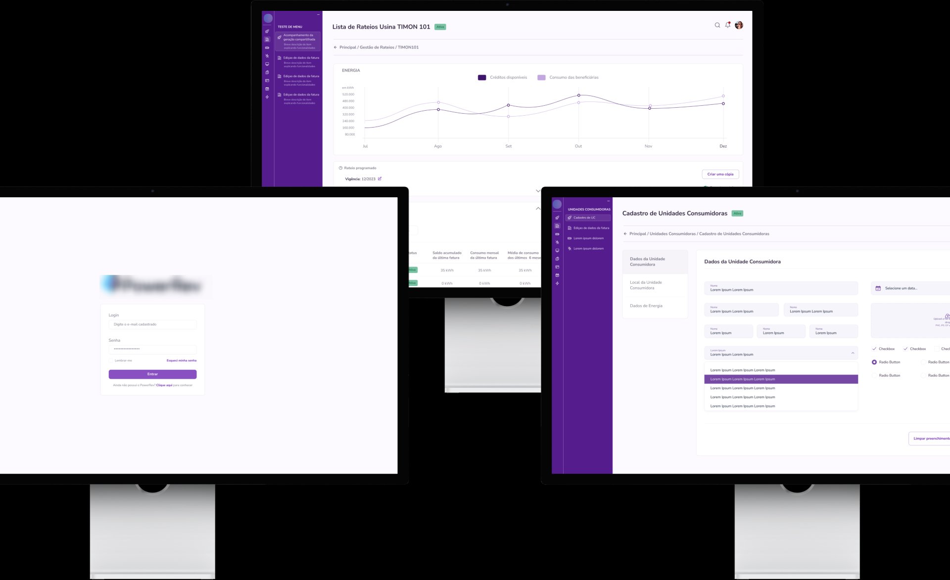 Design final — telas hi-fi da plataforma Athon com menu lateral roxo