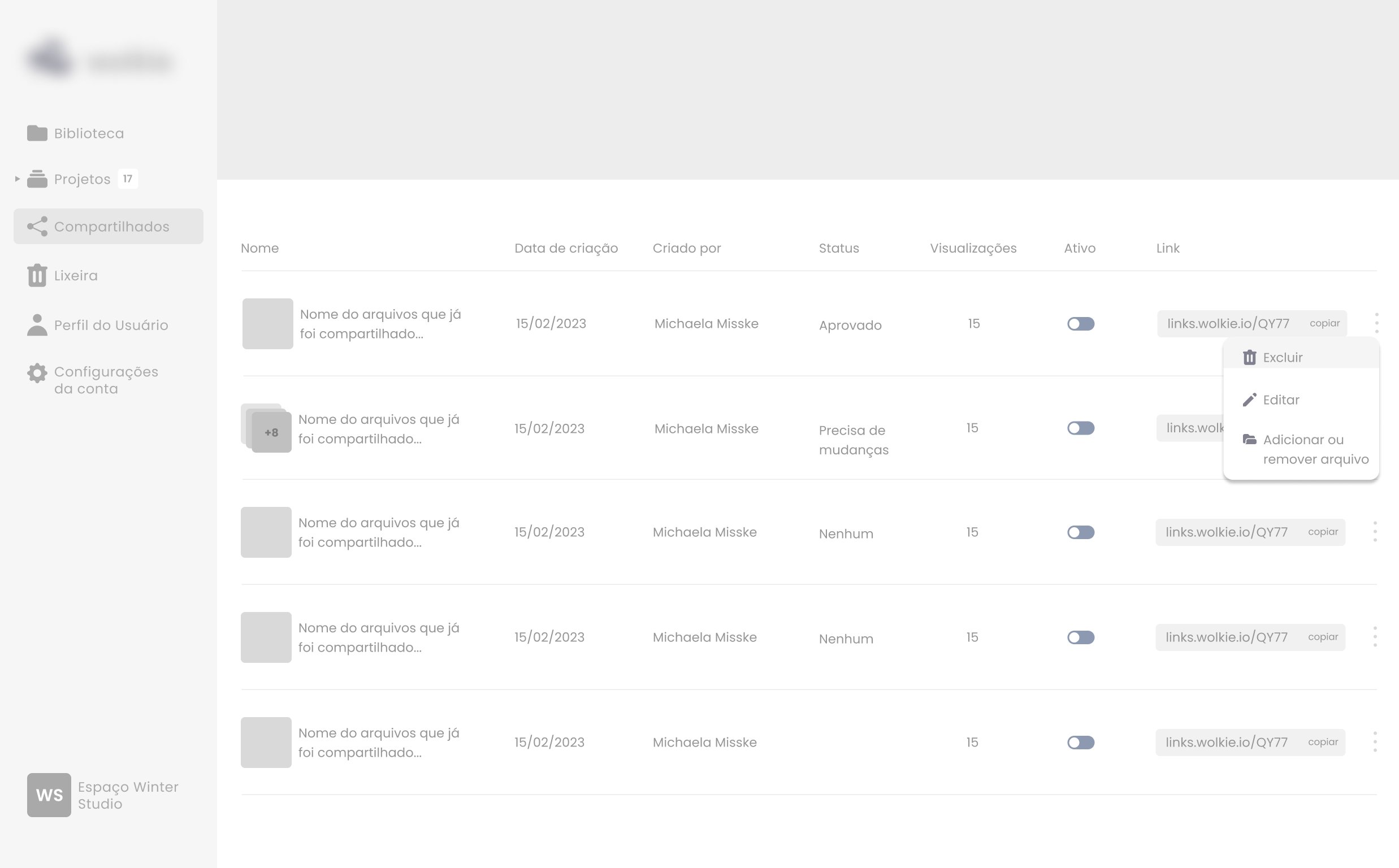 Wireframe — Gestão de links com toggle e cópia rápida