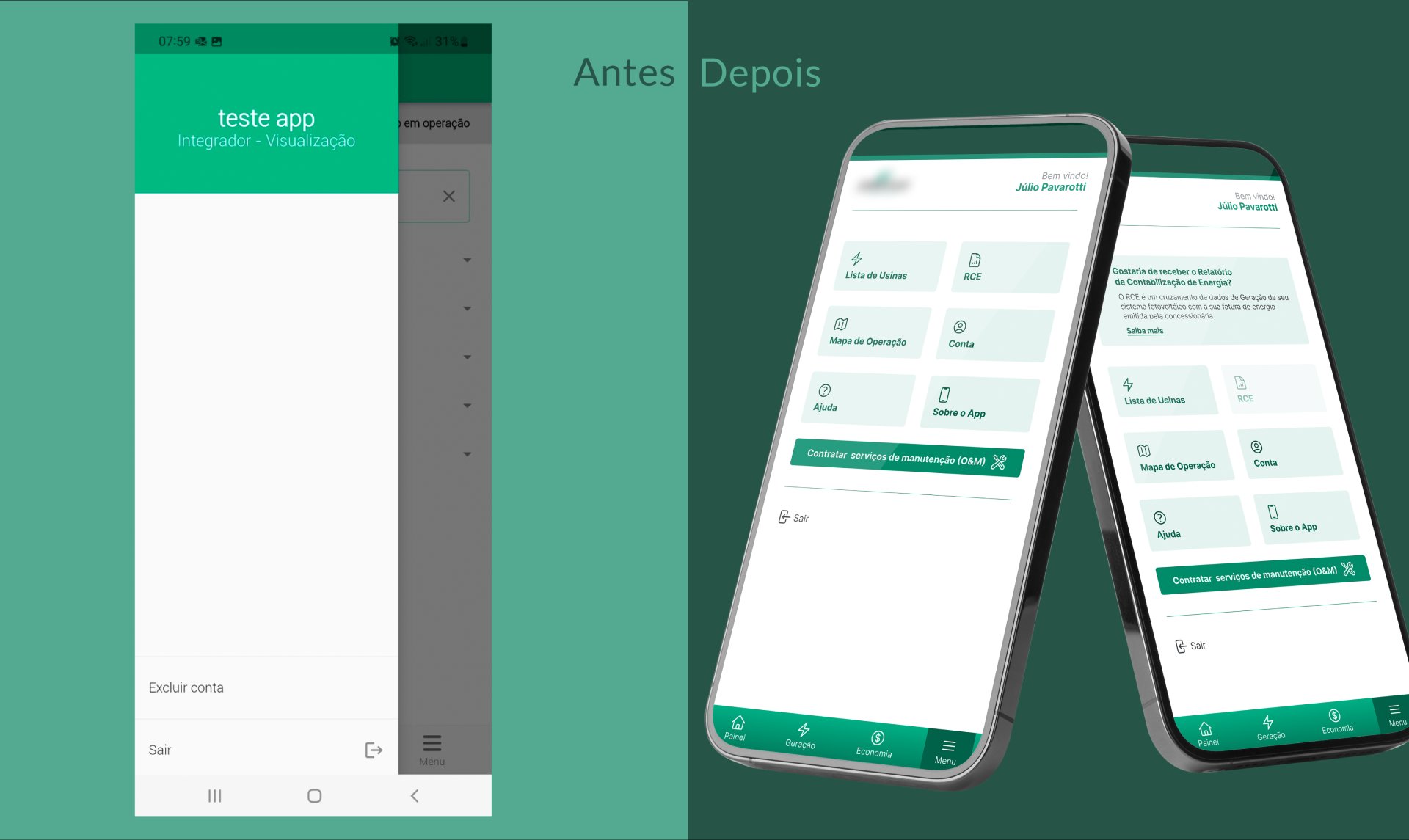 Antes e depois — Menu de navegação