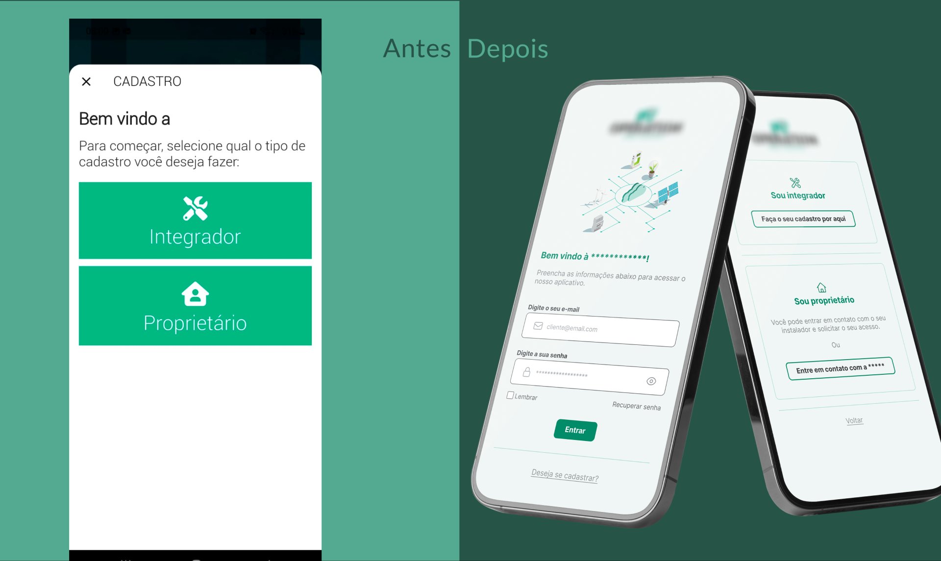 Antes e depois — Login e cadastro