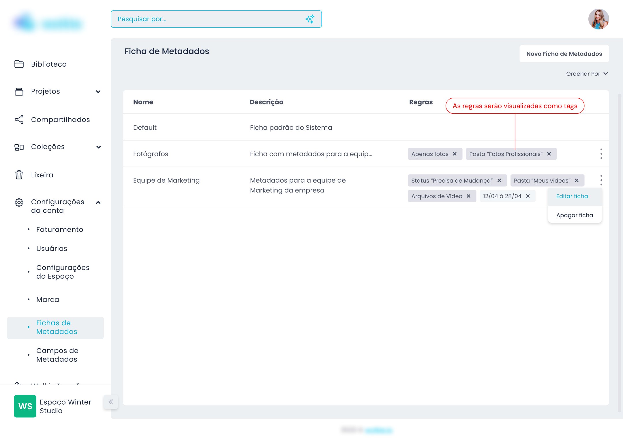 Campos de Metadados — lista com criação de novo campo dropdown