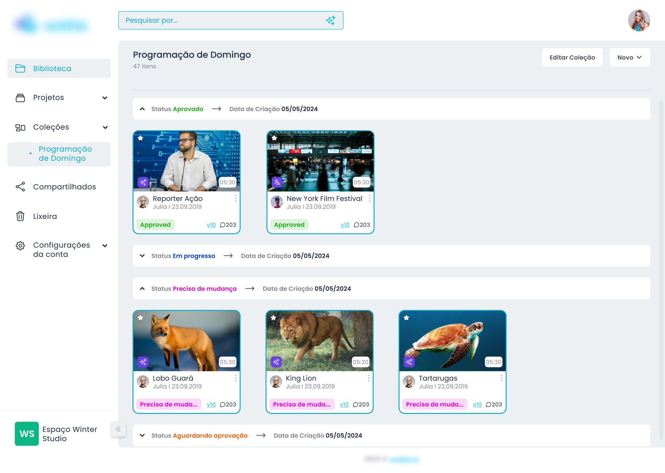 Campo Status com opções coloridas — Aprovado, Precisa Mudança, Em Progresso