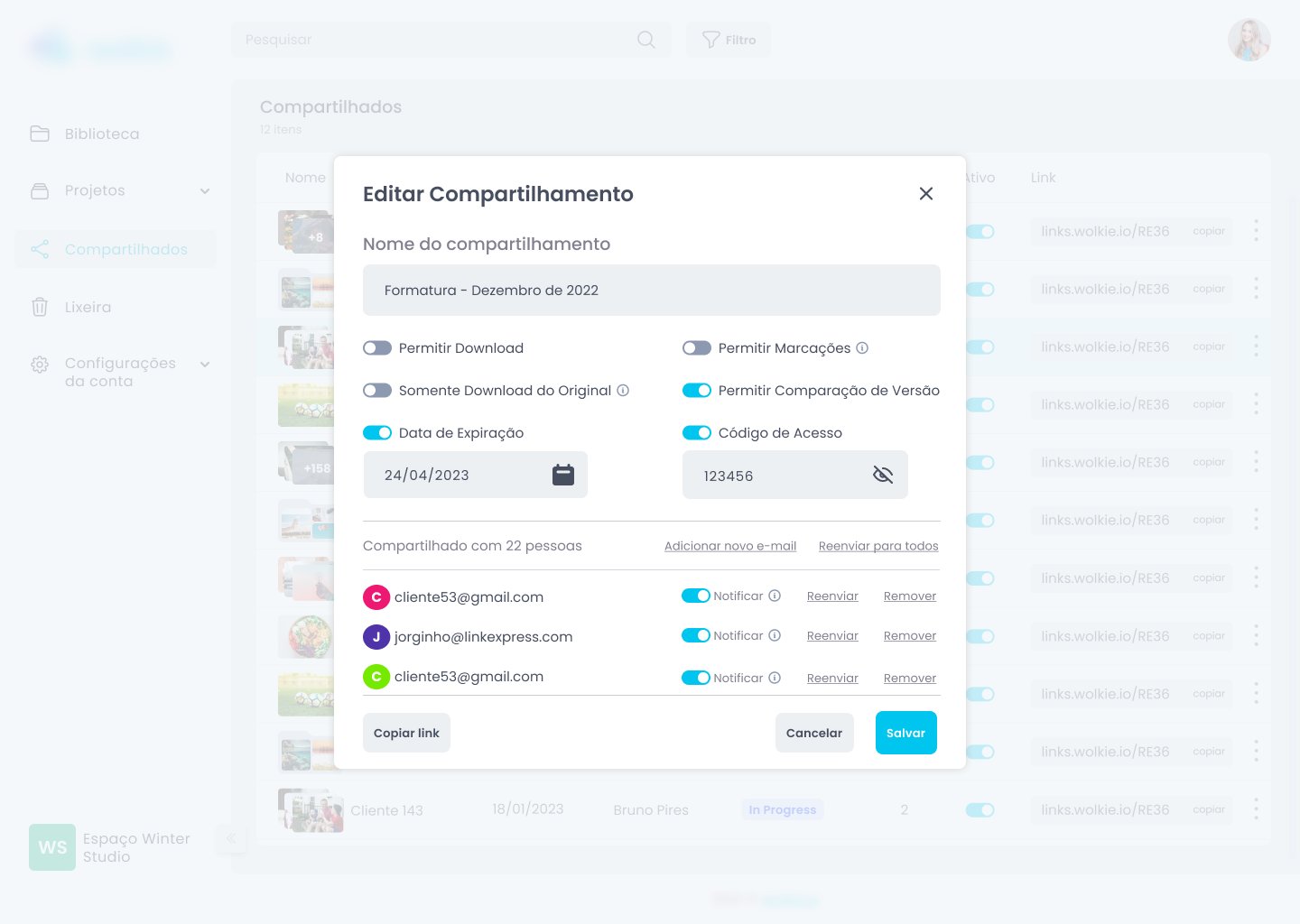 Modal de edição de compartilhamento com e-mails e reenvio